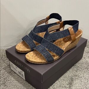 Aubrey Lynn Denim and Tan Wedge Sandals- women’s size 8
